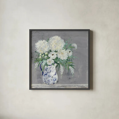 Lake Summer Bouquet I Chinoiserie by Julia Purinton. Shown in a sleek black glass frame for a contemporary gallery look. Available as an archival giclee rolled canvas, fine art paper, or poster print. SKU 68676a.