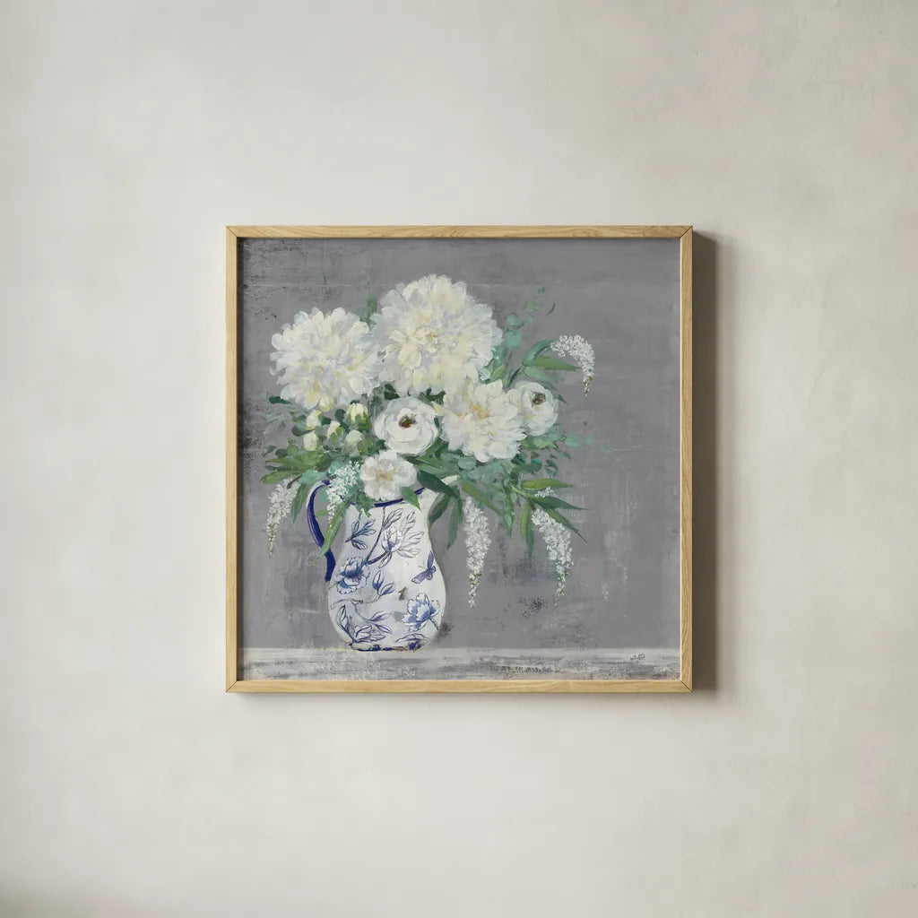 Lake Summer Bouquet I Chinoiserie by Julia Purinton. Shown in a natural wood glass frame for a timeless modern aesthetic. Available as an archival giclee rolled canvas, fine art paper, or poster print. SKU 68676a.