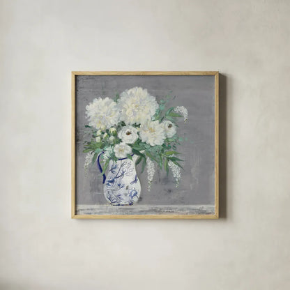 Lake Summer Bouquet I Chinoiserie by Julia Purinton. Shown in a natural wood glass frame for a timeless modern aesthetic. Available as an archival giclee rolled canvas, fine art paper, or poster print. SKU 68676a.