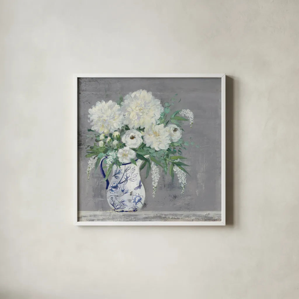 Lake Summer Bouquet I Chinoiserie by Julia Purinton. Shown in a crisp white glass frame for a clean and minimalist style. Available as an archival giclee rolled canvas, fine art paper, or poster print. SKU 68676a.