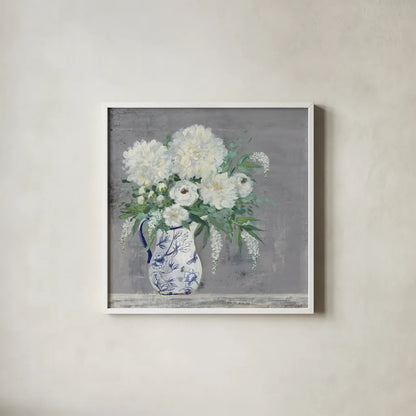 Lake Summer Bouquet I Chinoiserie by Julia Purinton. Shown in a crisp white glass frame for a clean and minimalist style. Available as an archival giclee rolled canvas, fine art paper, or poster print. SKU 68676a.