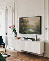 Lakeside by Julia Purinton. shown as a framed stretched canvas in a living room above a console. Available as a archival giclee rolled canvas, fine art paper, or poster print. SKU 102421i.