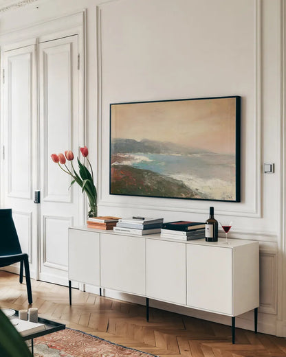 Lands End Crop by Julia Purinton. shown as a framed stretched canvas in a living room above a console. Available as a archival giclee rolled canvas, fine art paper, or poster print. SKU 27599i.