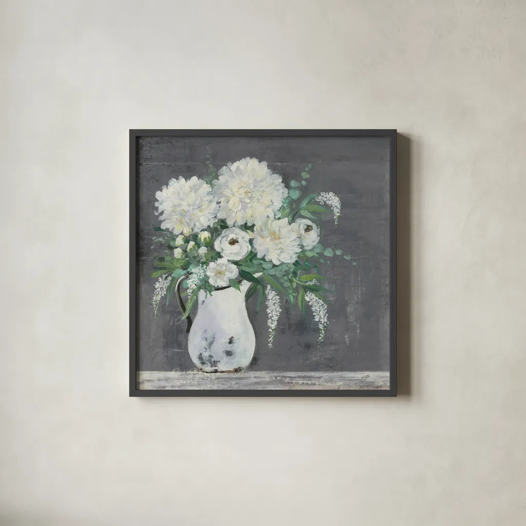 Late Summer Bouquet I by Julia Purinton. Shown in a sleek black glass frame for a contemporary gallery look. Available as an archival giclee rolled canvas, fine art paper, or poster print. SKU 47330a.