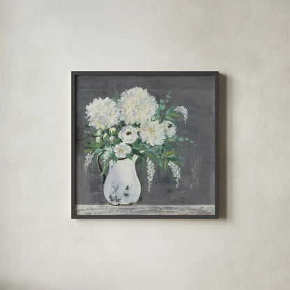Late Summer Bouquet I by Julia Purinton. Shown in a sleek black glass frame for a contemporary gallery look. Available as an archival giclee rolled canvas, fine art paper, or poster print. SKU 47330a.