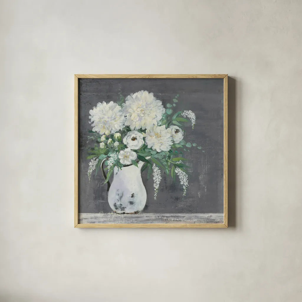 Late Summer Bouquet I by Julia Purinton. Shown in a natural wood glass frame for a timeless modern aesthetic. Available as an archival giclee rolled canvas, fine art paper, or poster print. SKU 47330a.