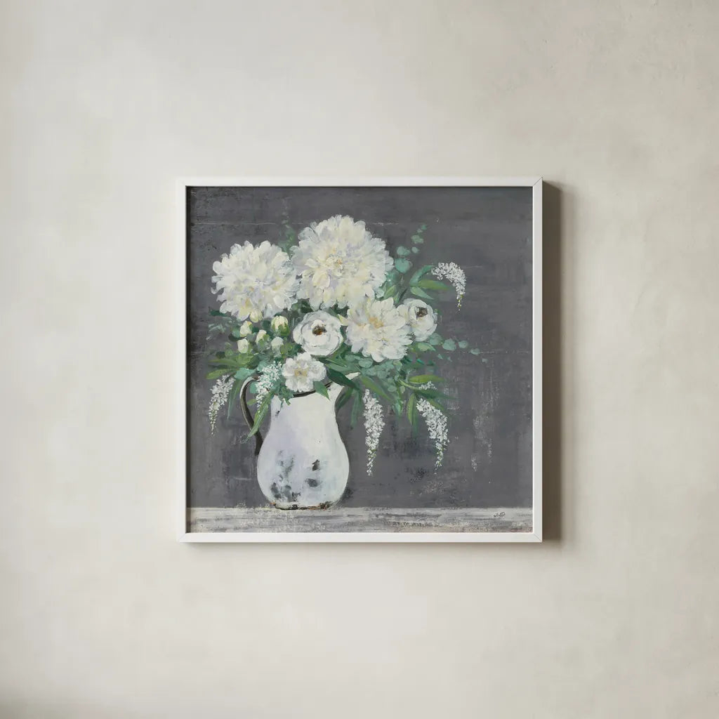 Late Summer Bouquet I by Julia Purinton. Shown in a crisp white glass frame for a clean and minimalist style. Available as an archival giclee rolled canvas, fine art paper, or poster print. SKU 47330a.