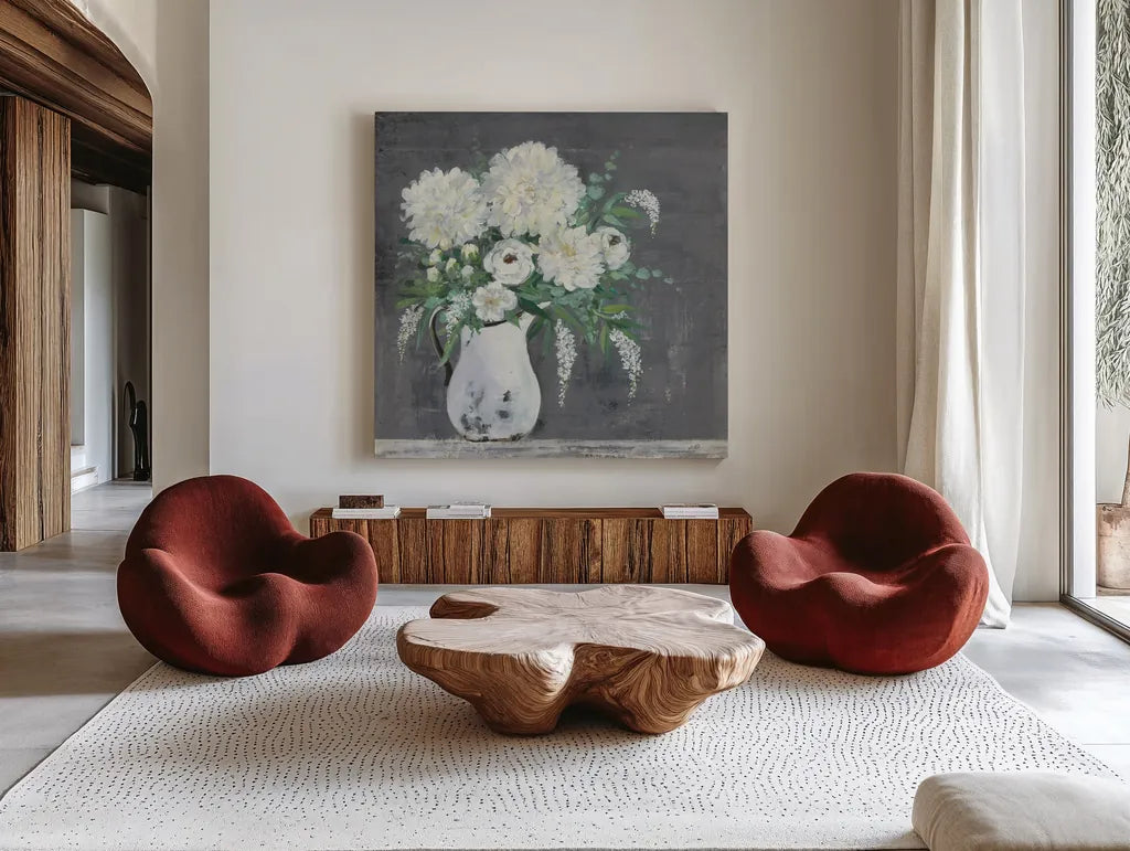 Late Summer Bouquet I by Julia Purinton. Shown as extra-large giant wall art in a modern living room. Available as an archival giclee rolled canvas, fine art paper, or poster print. SKU 47330a.