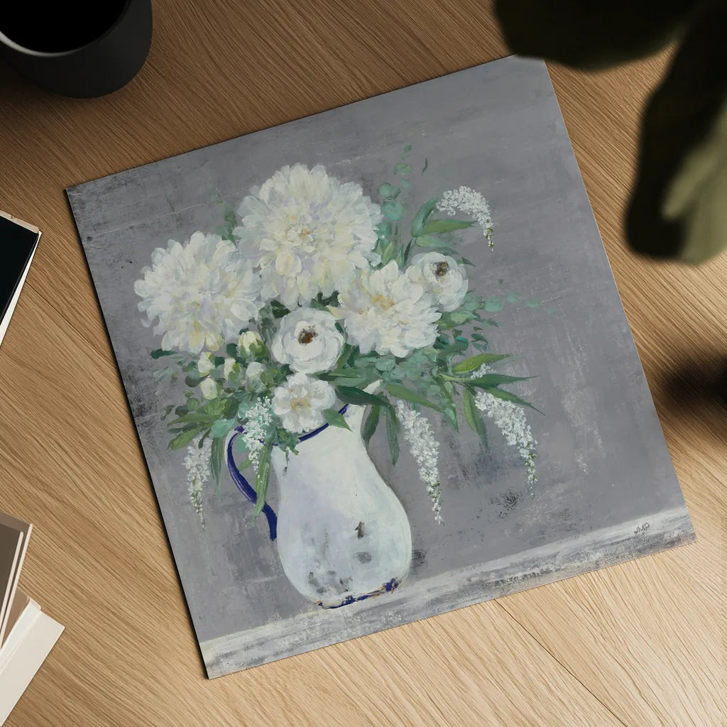 Late Summer Bouquet I Light Gray by Julia Purinton. Shown as a detailed flat fine art print, highlighting archival giclee quality. Available as an archival giclee rolled canvas, fine art paper, or poster print. SKU 68240a.
