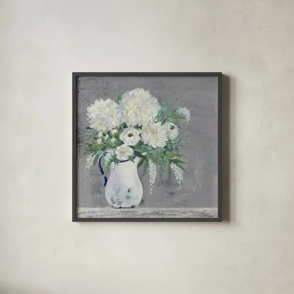 Late Summer Bouquet I Light Gray by Julia Purinton. Shown in a sleek black glass frame for a contemporary gallery look. Available as an archival giclee rolled canvas, fine art paper, or poster print. SKU 68240a.