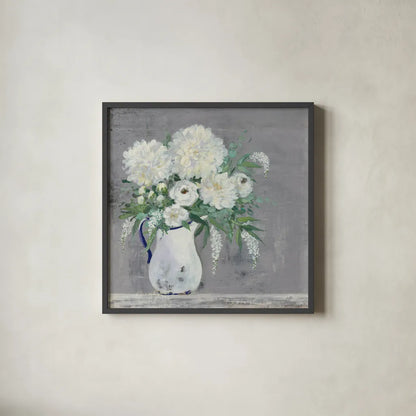 Late Summer Bouquet I Light Gray by Julia Purinton. Shown in a sleek black glass frame for a contemporary gallery look. Available as an archival giclee rolled canvas, fine art paper, or poster print. SKU 68240a.