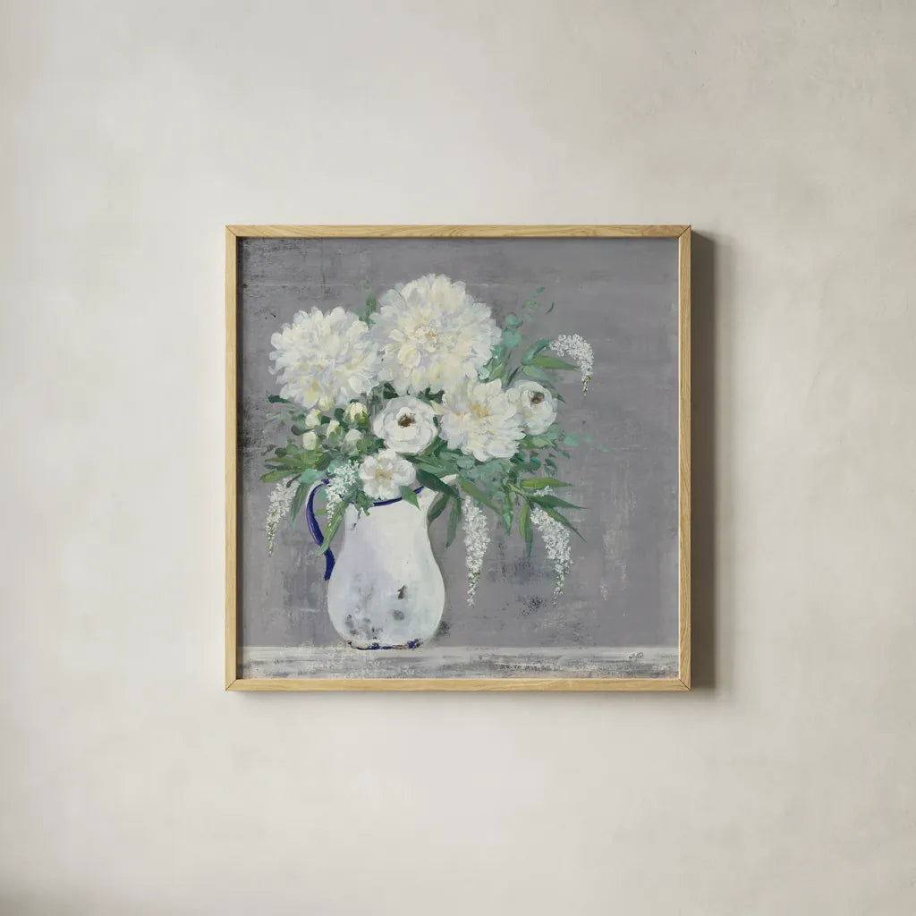 Late Summer Bouquet I Light Gray by Julia Purinton. Shown in a natural wood glass frame for a timeless modern aesthetic. Available as an archival giclee rolled canvas, fine art paper, or poster print. SKU 68240a.