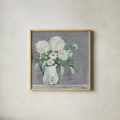 Late Summer Bouquet I Light Gray by Julia Purinton. Shown in a natural wood glass frame for a timeless modern aesthetic. Available as an archival giclee rolled canvas, fine art paper, or poster print. SKU 68240a.