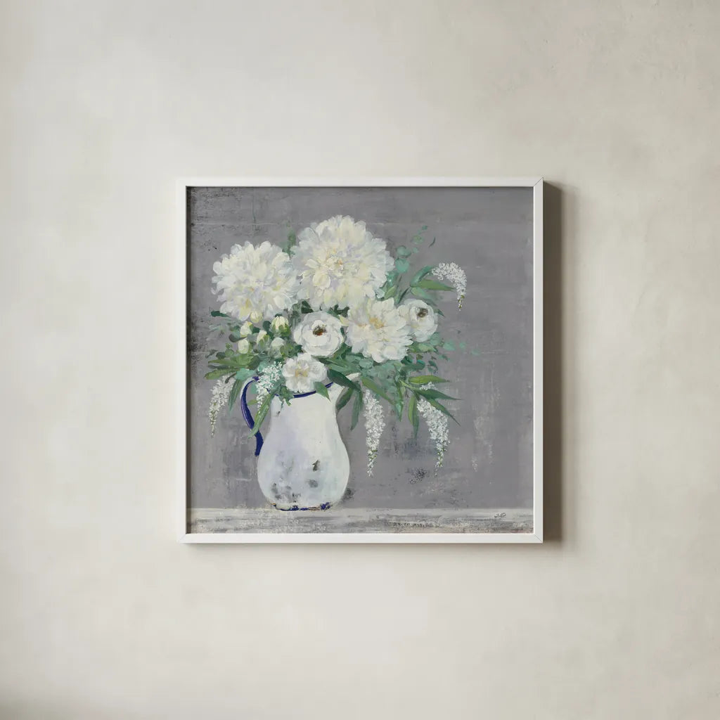 Late Summer Bouquet I Light Gray by Julia Purinton. Shown in a crisp white glass frame for a clean and minimalist style. Available as an archival giclee rolled canvas, fine art paper, or poster print. SKU 68240a.