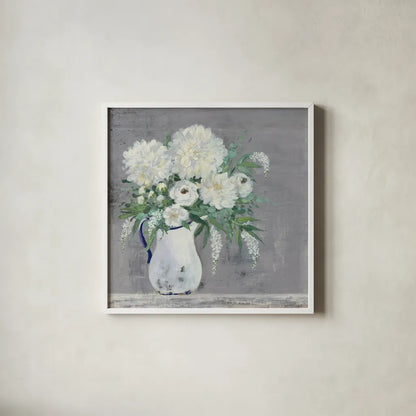 Late Summer Bouquet I Light Gray by Julia Purinton. Shown in a crisp white glass frame for a clean and minimalist style. Available as an archival giclee rolled canvas, fine art paper, or poster print. SKU 68240a.