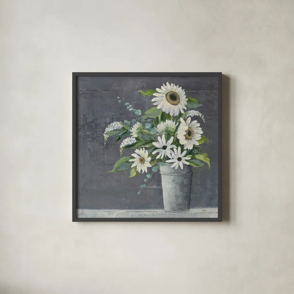 Late Summer Bouquet II by Julia Purinton. Shown in a sleek black glass frame for a contemporary gallery look. Available as an archival giclee rolled canvas, fine art paper, or poster print. SKU 47331a.