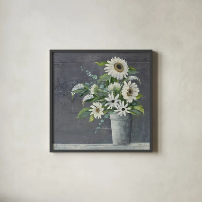 Late Summer Bouquet II by Julia Purinton. Shown in a sleek black glass frame for a contemporary gallery look. Available as an archival giclee rolled canvas, fine art paper, or poster print. SKU 47331a.
