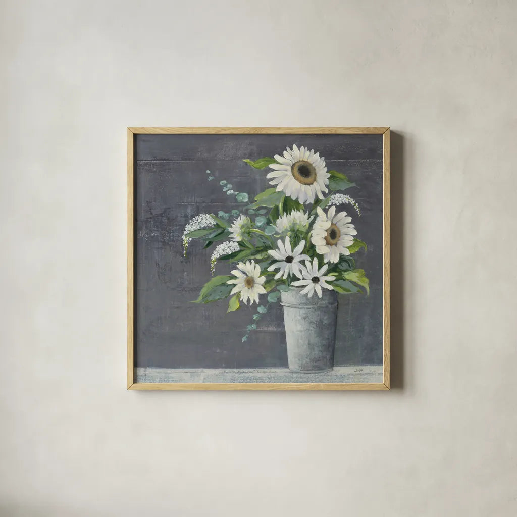 Late Summer Bouquet II by Julia Purinton. Shown in a natural wood glass frame for a timeless modern aesthetic. Available as an archival giclee rolled canvas, fine art paper, or poster print. SKU 47331a.