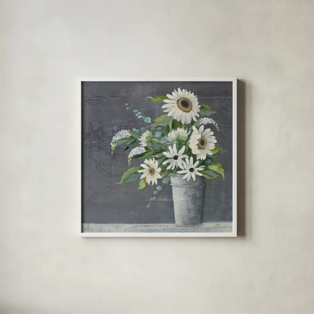 Late Summer Bouquet II by Julia Purinton. Shown in a crisp white glass frame for a clean and minimalist style. Available as an archival giclee rolled canvas, fine art paper, or poster print. SKU 47331a.