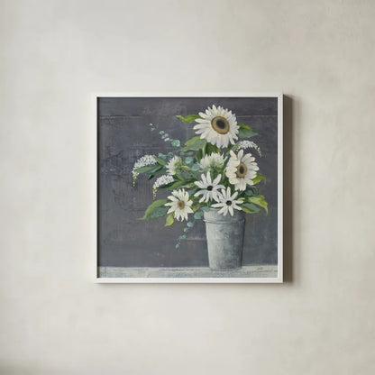 Late Summer Bouquet II by Julia Purinton. Shown in a crisp white glass frame for a clean and minimalist style. Available as an archival giclee rolled canvas, fine art paper, or poster print. SKU 47331a.
