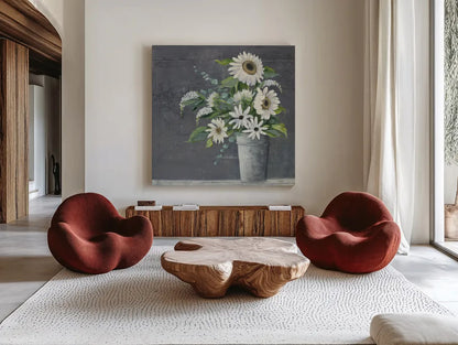 Late Summer Bouquet II by Julia Purinton. Shown as extra-large giant wall art in a modern living room. Available as an archival giclee rolled canvas, fine art paper, or poster print. SKU 47331a.