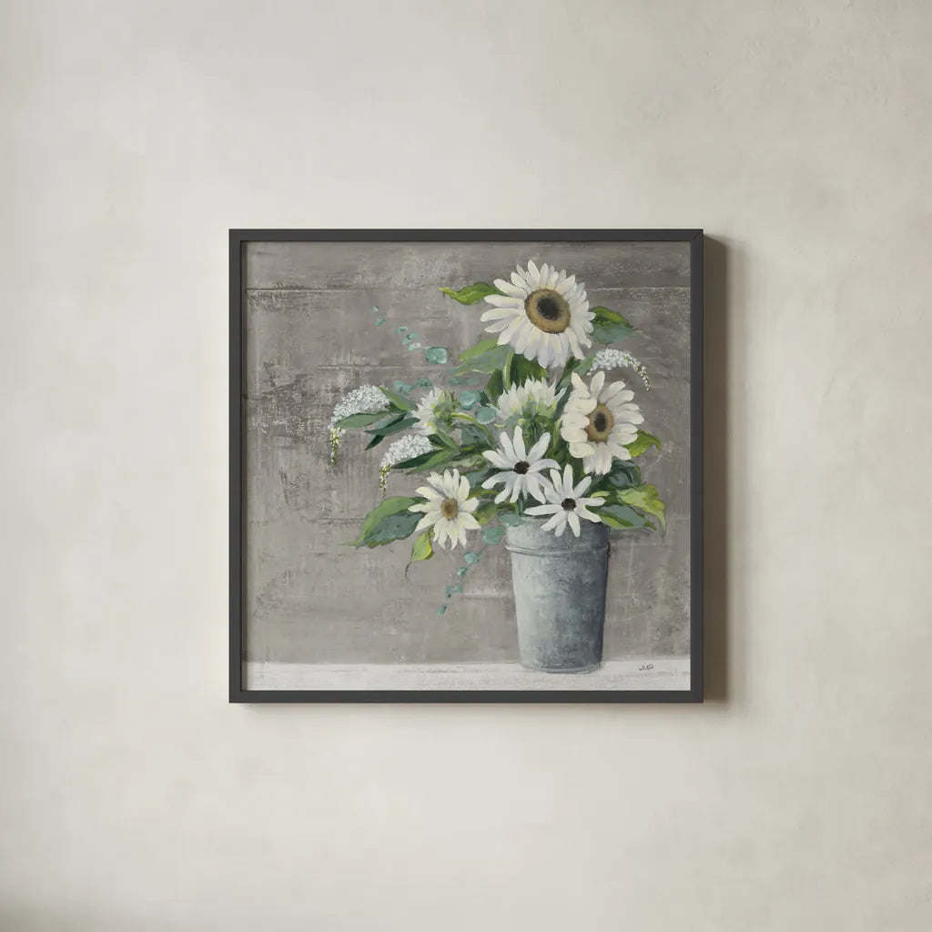 Late Summer Bouquet II Rustic by Julia Purinton. Shown in a sleek black glass frame for a contemporary gallery look. Available as an archival giclee rolled canvas, fine art paper, or poster print. SKU 49778a.