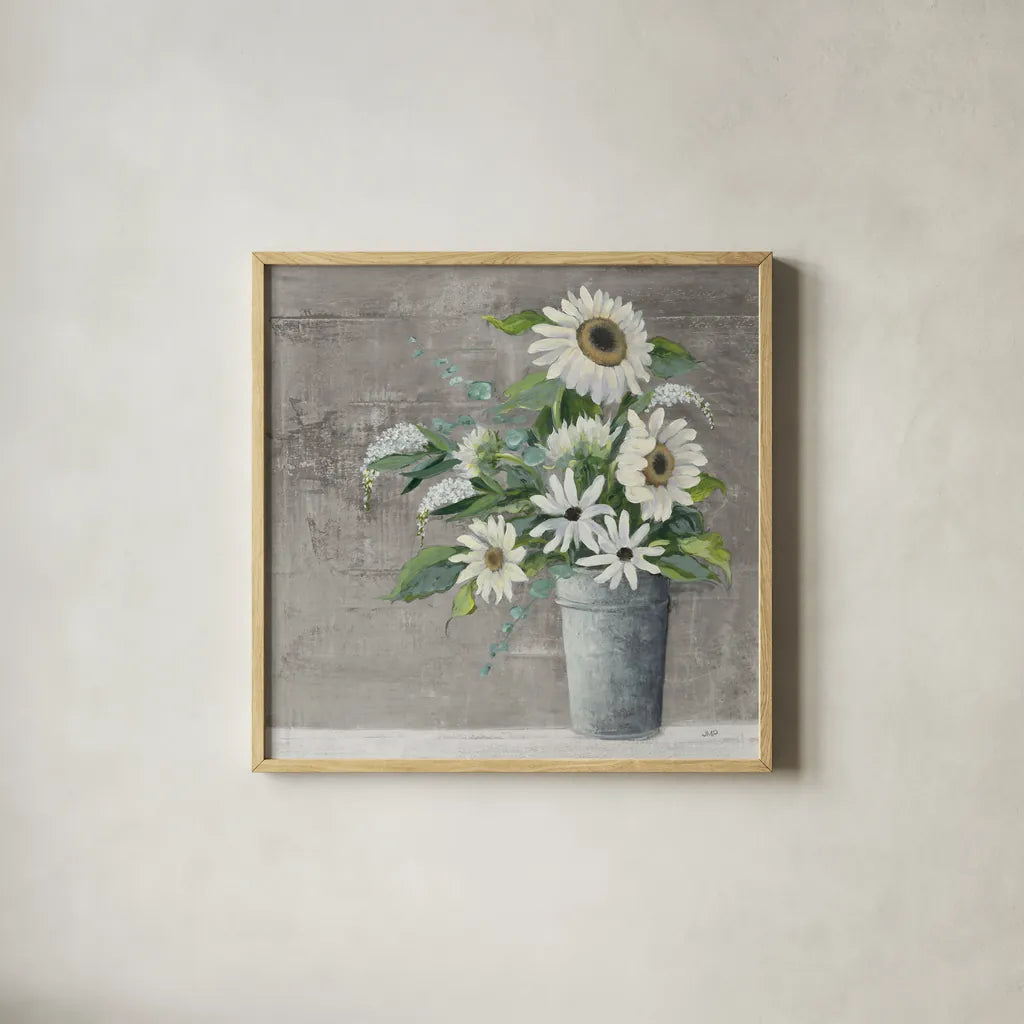 Late Summer Bouquet II Rustic by Julia Purinton. Shown in a natural wood glass frame for a timeless modern aesthetic. Available as an archival giclee rolled canvas, fine art paper, or poster print. SKU 49778a.