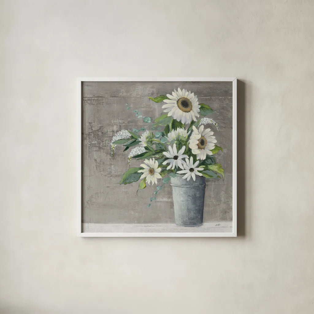 Late Summer Bouquet II Rustic by Julia Purinton. Shown in a crisp white glass frame for a clean and minimalist style. Available as an archival giclee rolled canvas, fine art paper, or poster print. SKU 49778a.