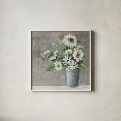 Late Summer Bouquet II Rustic by Julia Purinton. Shown in a crisp white glass frame for a clean and minimalist style. Available as an archival giclee rolled canvas, fine art paper, or poster print. SKU 49778a.