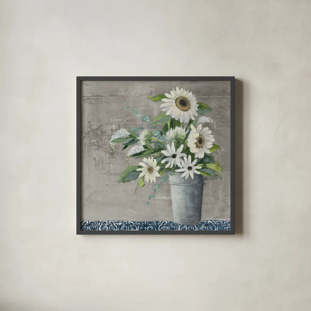 Late Summer Bouquet II Rustic by Julia Purinton. Shown in a sleek black glass frame for a contemporary gallery look. Available as an archival giclee rolled canvas, fine art paper, or poster print. SKU 74333a.