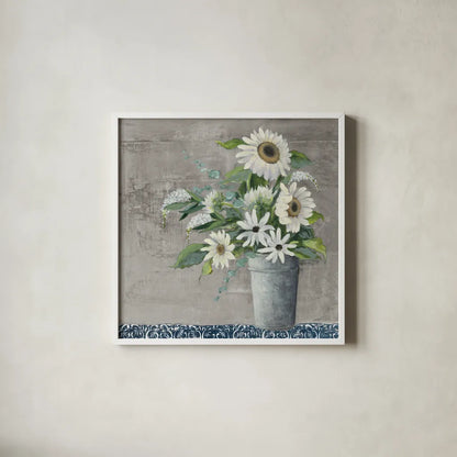Late Summer Bouquet II Rustic by Julia Purinton. Shown in a crisp white glass frame for a clean and minimalist style. Available as an archival giclee rolled canvas, fine art paper, or poster print. SKU 74333a.