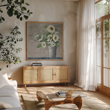 Late Summer Bouquet II Rustic by Julia Purinton. Shown in a natural wood frame in a cozy modern living room. Available as an archival giclee rolled canvas, fine art paper, or poster print. SKU 74333a.
