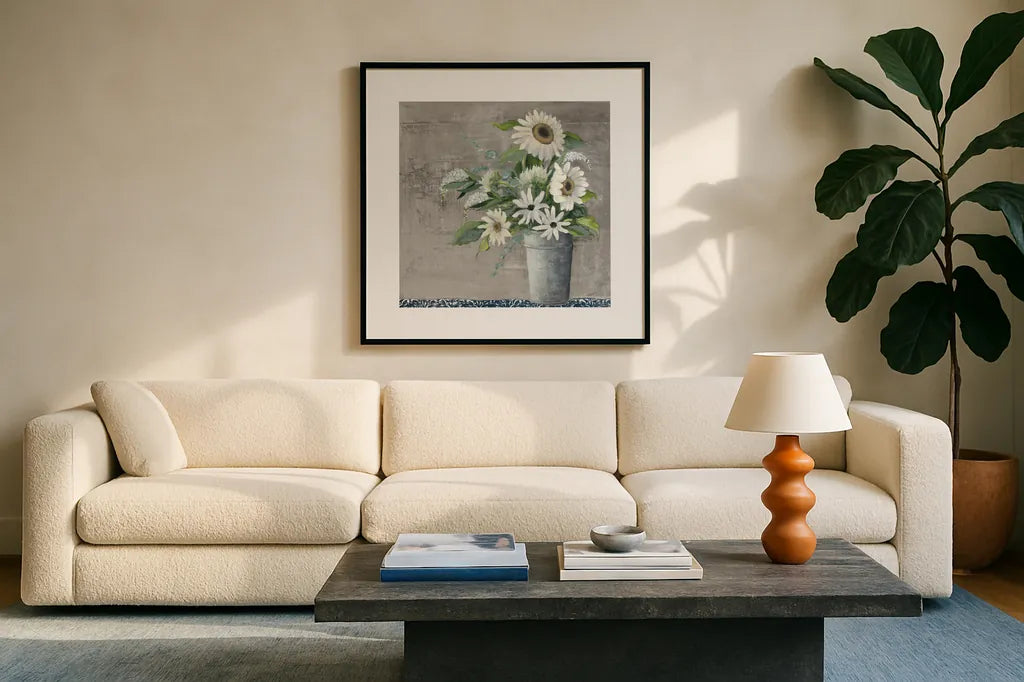 Late Summer Bouquet II Rustic by Julia Purinton. Displayed in a glass frame with matte in a clean modern living room. Available as an archival giclee rolled canvas, fine art paper, or poster print. SKU 74333a.