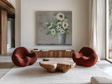 Late Summer Bouquet II Rustic by Julia Purinton. Shown as extra-large giant wall art in a modern living room. Available as an archival giclee rolled canvas, fine art paper, or poster print. SKU 74333a.