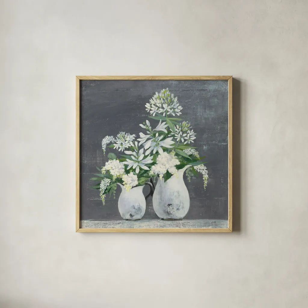Late Summer Bouquet III by Julia Purinton. Shown in a natural wood glass frame for a timeless modern aesthetic. Available as an archival giclee rolled canvas, fine art paper, or poster print. SKU 47332a.