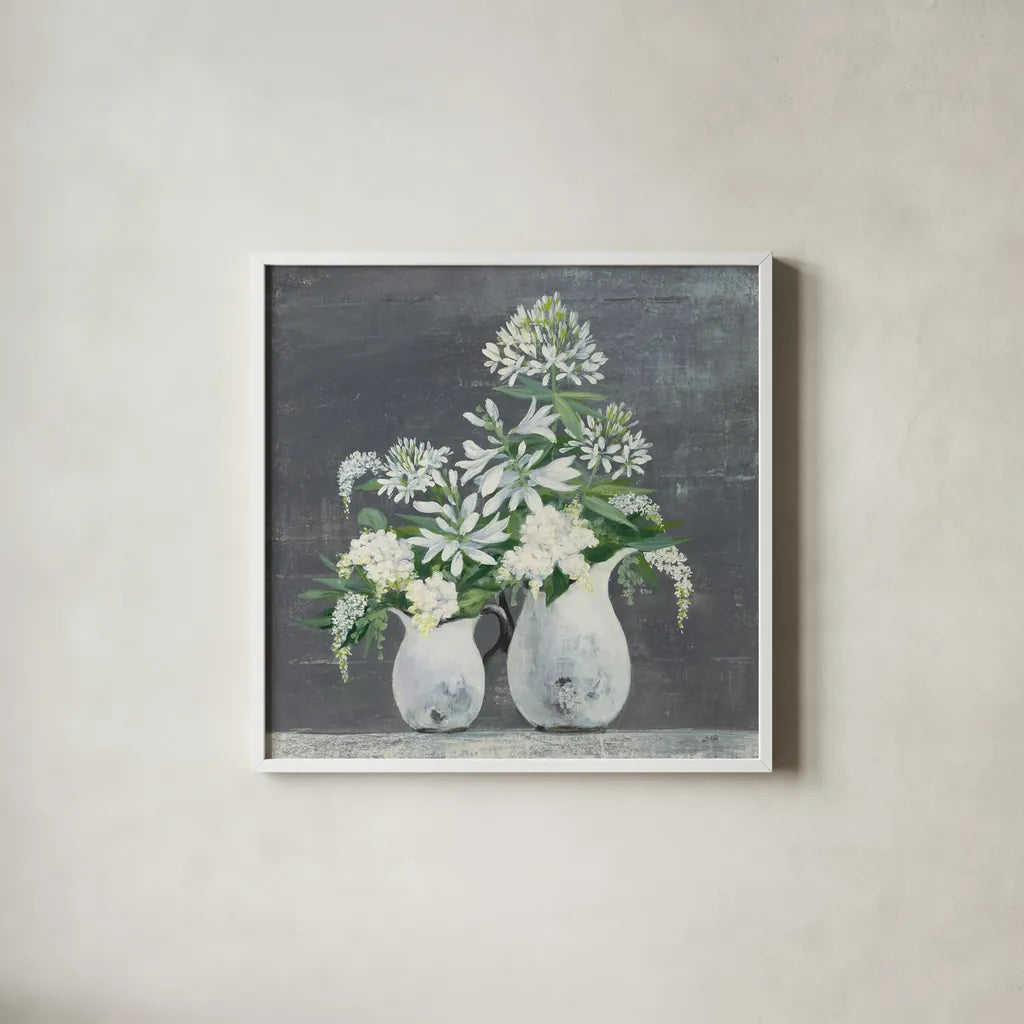 Late Summer Bouquet III by Julia Purinton. Shown in a crisp white glass frame for a clean and minimalist style. Available as an archival giclee rolled canvas, fine art paper, or poster print. SKU 47332a.