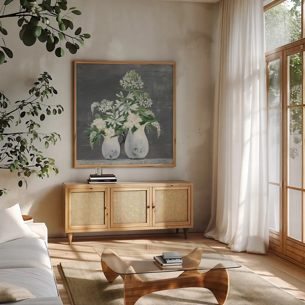 Late Summer Bouquet III by Julia Purinton. Shown in a natural wood frame in a cozy modern living room. Available as an archival giclee rolled canvas, fine art paper, or poster print. SKU 47332a.