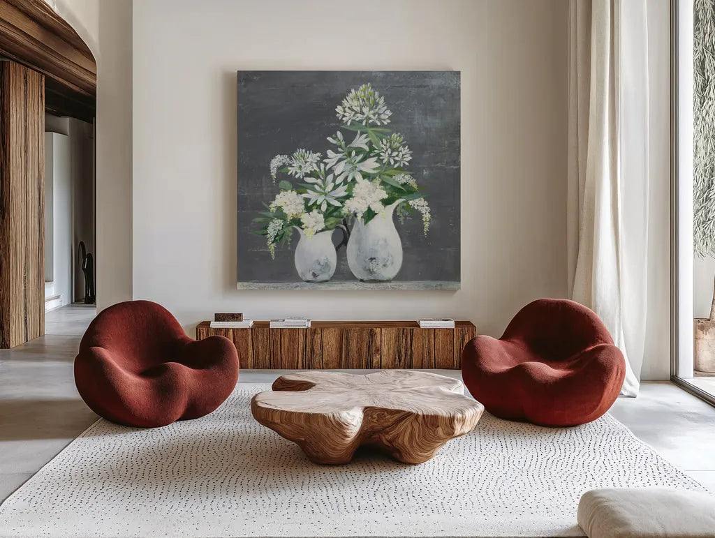 Late Summer Bouquet III by Julia Purinton. Shown as extra-large giant wall art in a modern living room. Available as an archival giclee rolled canvas, fine art paper, or poster print. SKU 47332a.