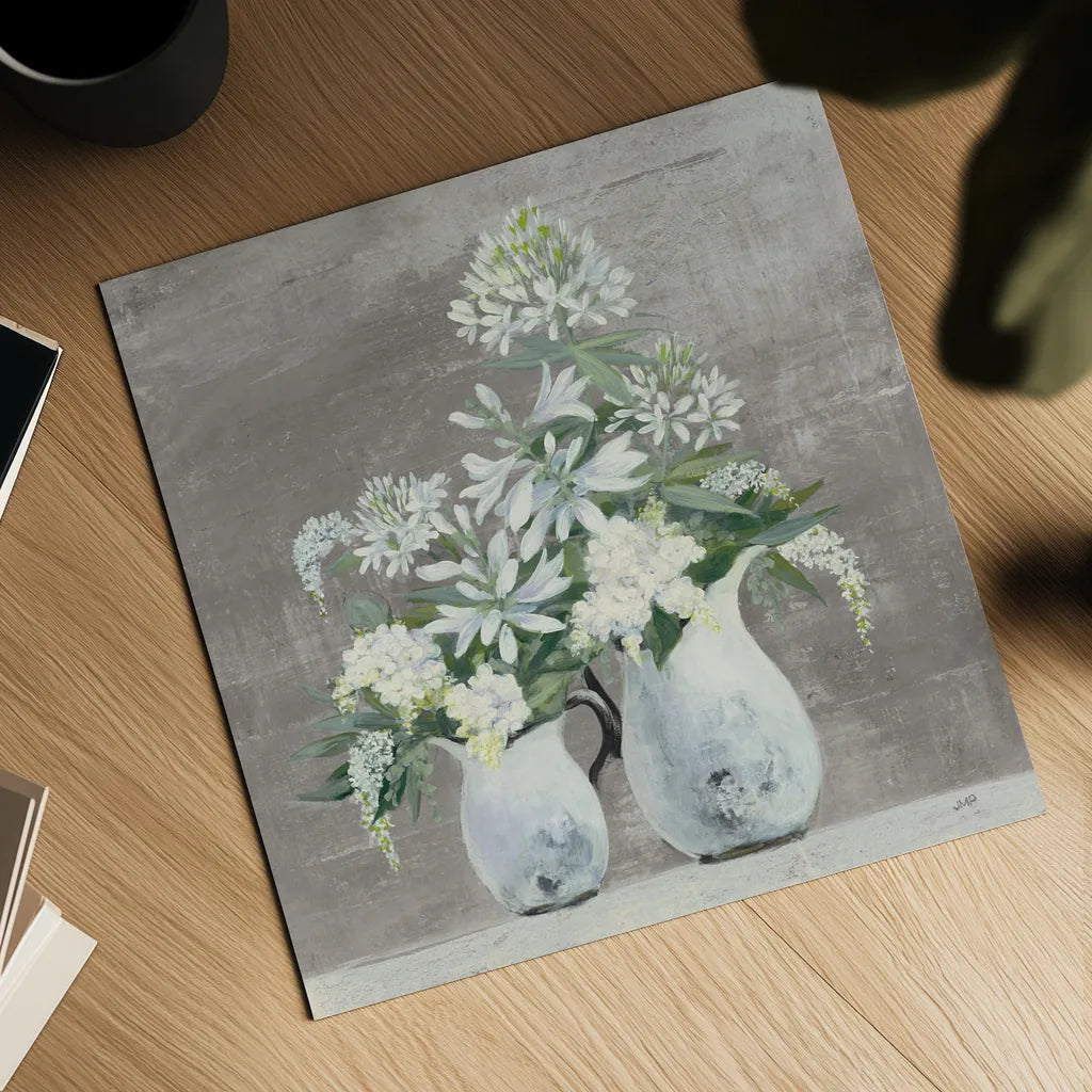 Late Summer Bouquet III Greige by Julia Purinton. Shown as a detailed flat fine art print, highlighting archival giclee quality. Available as an archival giclee rolled canvas, fine art paper, or poster print. SKU 49781a.