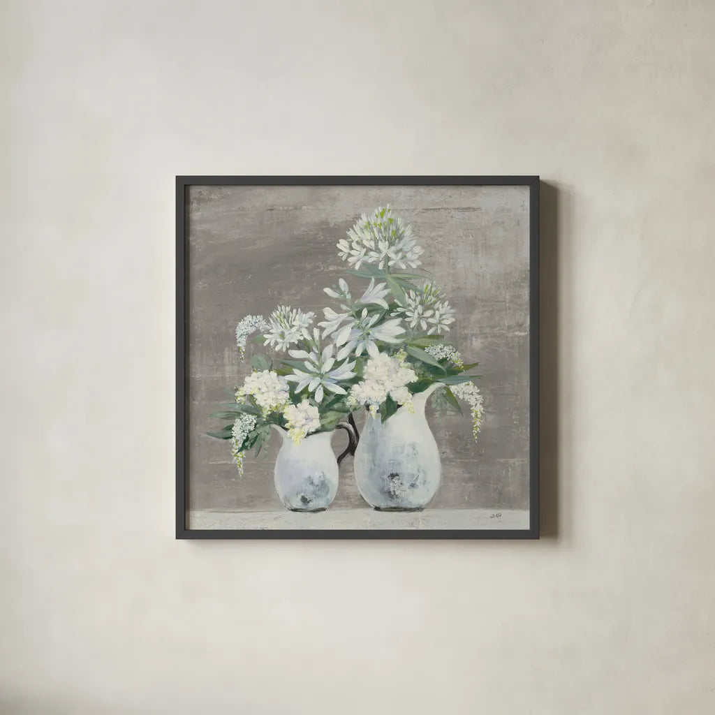 Late Summer Bouquet III Greige by Julia Purinton. Shown in a sleek black glass frame for a contemporary gallery look. Available as an archival giclee rolled canvas, fine art paper, or poster print. SKU 49781a.