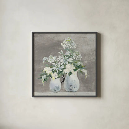 Late Summer Bouquet III Greige by Julia Purinton. Shown in a sleek black glass frame for a contemporary gallery look. Available as an archival giclee rolled canvas, fine art paper, or poster print. SKU 49781a.