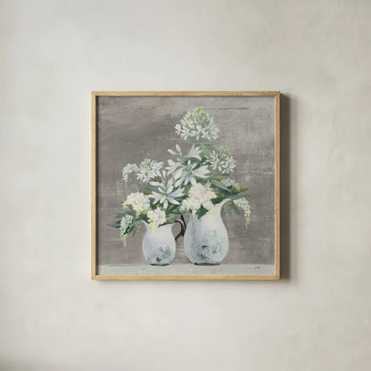 Late Summer Bouquet III Greige by Julia Purinton. Shown in a natural wood glass frame for a timeless modern aesthetic. Available as an archival giclee rolled canvas, fine art paper, or poster print. SKU 49781a.