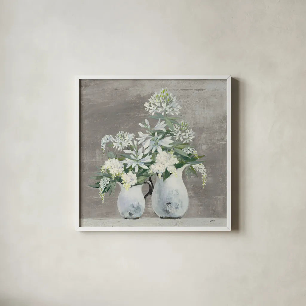 Late Summer Bouquet III Greige by Julia Purinton. Shown in a crisp white glass frame for a clean and minimalist style. Available as an archival giclee rolled canvas, fine art paper, or poster print. SKU 49781a.
