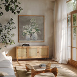 Late Summer Bouquet III Greige by Julia Purinton. Shown in a natural wood frame in a cozy modern living room. Available as an archival giclee rolled canvas, fine art paper, or poster print. SKU 49781a.