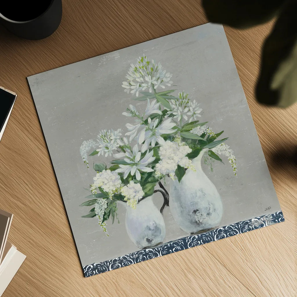 Late Summer Bouquet III with Tile by Julia Purinton. Shown as a detailed flat fine art print, highlighting archival giclee quality. Available as an archival giclee rolled canvas, fine art paper, or poster print. SKU 55516a.