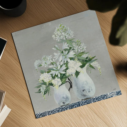 Late Summer Bouquet III with Tile by Julia Purinton. Shown as a detailed flat fine art print, highlighting archival giclee quality. Available as an archival giclee rolled canvas, fine art paper, or poster print. SKU 55516a.