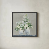 Late Summer Bouquet III with Tile by Julia Purinton. Shown in a sleek black glass frame for a contemporary gallery look. Available as an archival giclee rolled canvas, fine art paper, or poster print. SKU 55516a.