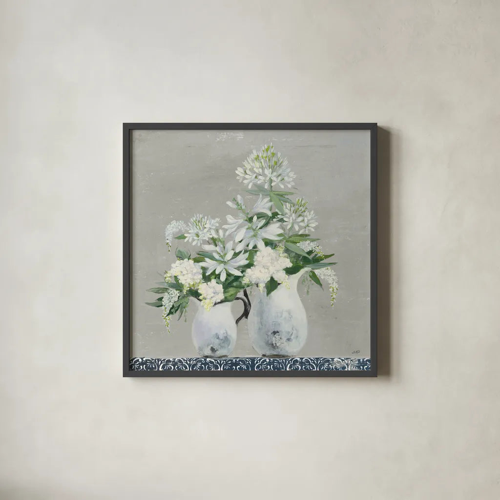 Late Summer Bouquet III with Tile by Julia Purinton. Shown in a sleek black glass frame for a contemporary gallery look. Available as an archival giclee rolled canvas, fine art paper, or poster print. SKU 55516a.