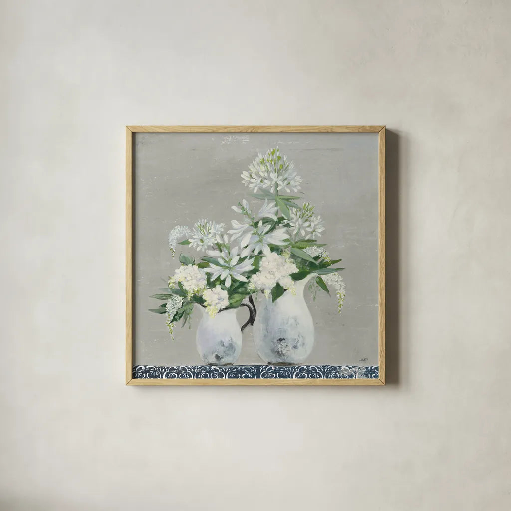 Late Summer Bouquet III with Tile by Julia Purinton. Shown in a natural wood glass frame for a timeless modern aesthetic. Available as an archival giclee rolled canvas, fine art paper, or poster print. SKU 55516a.