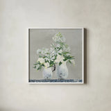 Late Summer Bouquet III with Tile by Julia Purinton. Shown in a crisp white glass frame for a clean and minimalist style. Available as an archival giclee rolled canvas, fine art paper, or poster print. SKU 55516a.